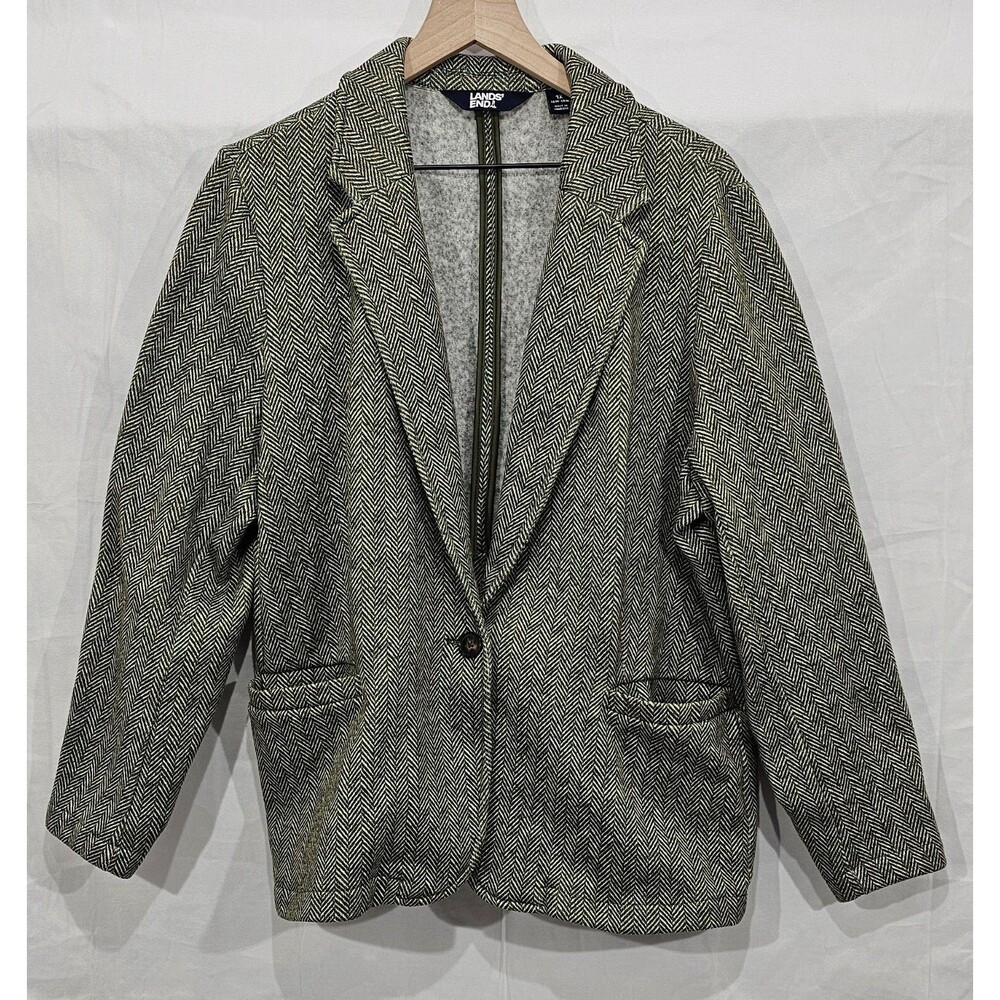 Lands End Womens Herringbone Blazer Jacket Green Fleece Knit Plus 1X 16W 18W